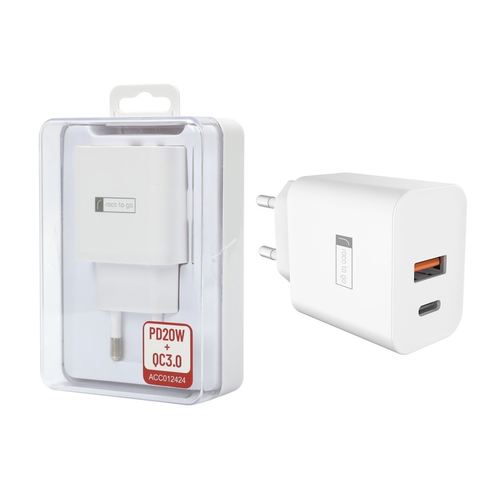 Cargador Rápido ROCA TO GO 20W+QC3.0 USB A QC3.0 USB C PD Sin Cable